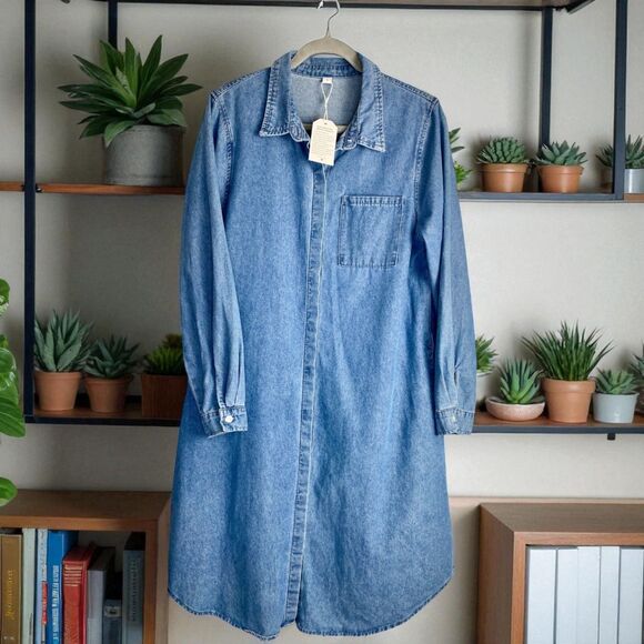 Exclusive Dresses & Skirts - Denim Midi Shirt Dress Large Long Sleeve Pockets Layer Chic Transitional Preppy